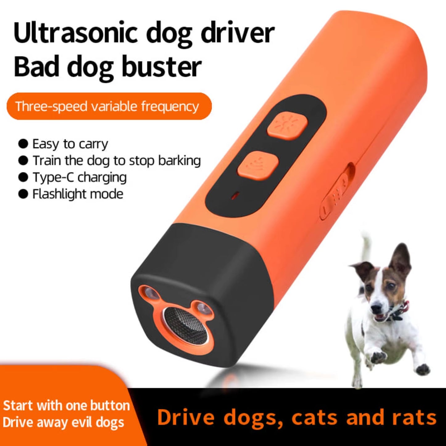Rechargeable Ultrasonic Dog Repeller & Training Device with LED Flashlight